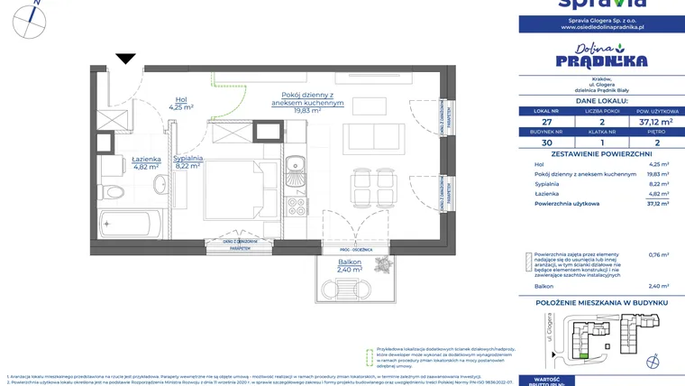 Rzut - Mieszkanie na sprzedaż 2 pokoje o powierzchni 37,12 m² - numer 30.27 w Osiedle Dolina Prądnika