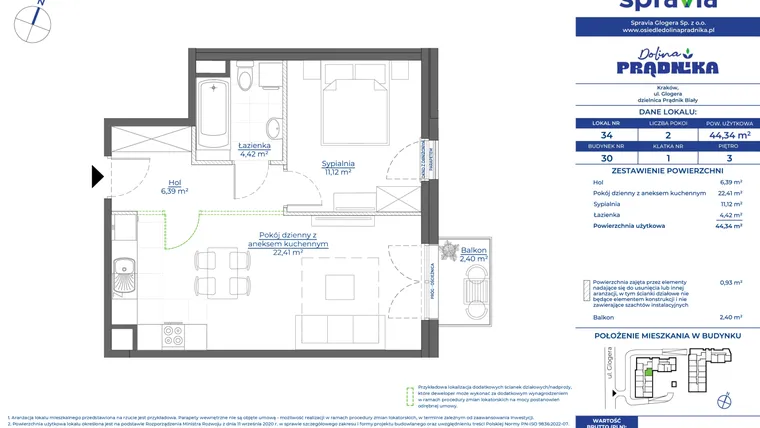 Rzut - Mieszkanie na sprzedaż 2 pokoje o powierzchni 44,34 m² - numer 30.34 w Osiedle Dolina Prądnika