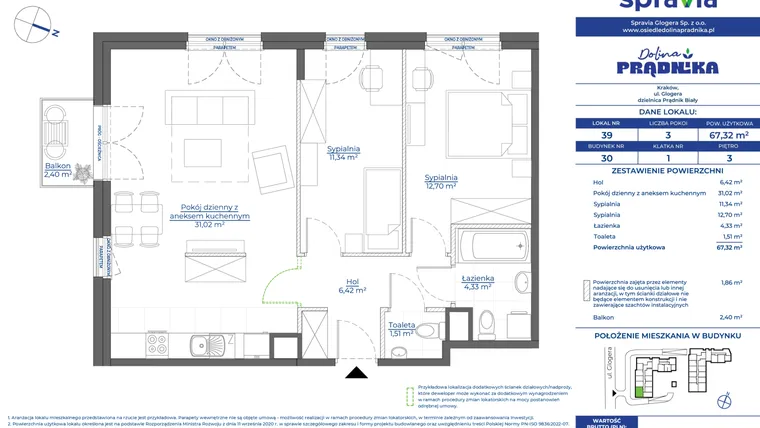 Rzut - Mieszkanie na sprzedaż 3 pokoje o powierzchni 67,32 m² - numer 30.39 w Osiedle Dolina Prądnika