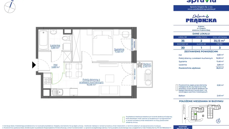 Rzut - Mieszkanie na sprzedaż 2 pokoje o powierzchni 35,13 m² - numer 30.35 w Osiedle Dolina Prądnika