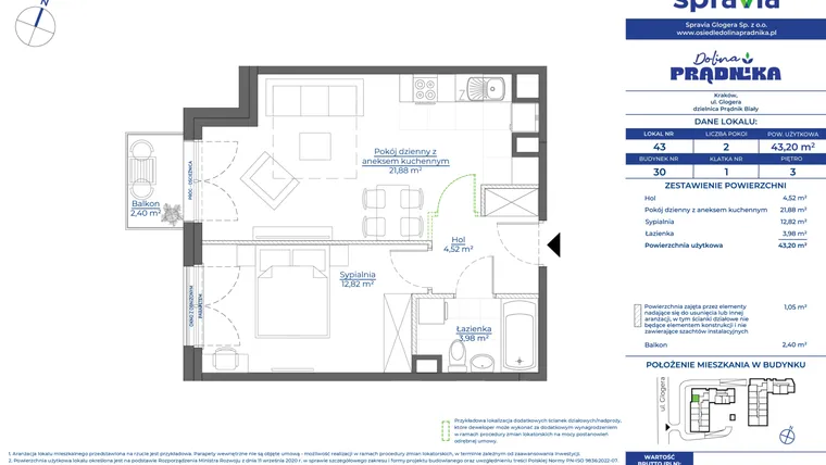 Rzut - Mieszkanie na sprzedaż 2 pokoje o powierzchni 43,2 m² - numer 30.43 w Osiedle Dolina Prądnika