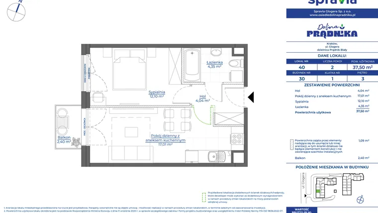 Rzut - Mieszkanie na sprzedaż 2 pokoje o powierzchni 37,5 m² - numer 30.40 w Osiedle Dolina Prądnika