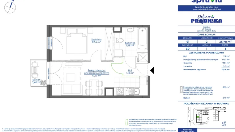 Rzut - Mieszkanie na sprzedaż 2 pokoje o powierzchni 35,78 m² - numer 30.41 w Osiedle Dolina Prądnika