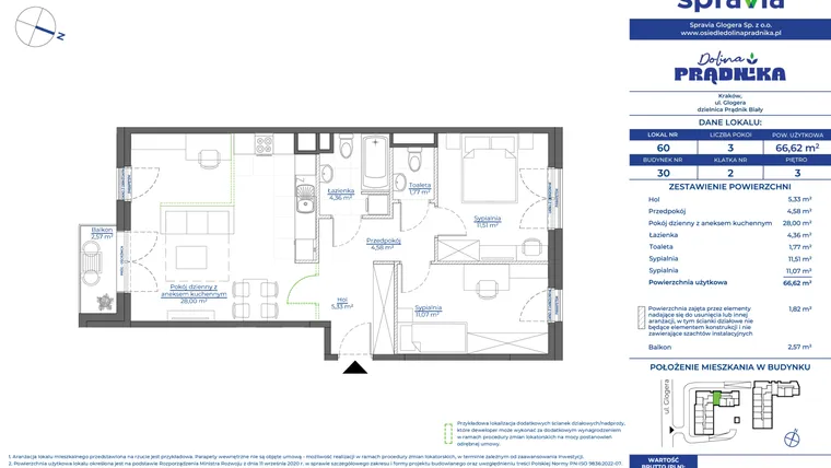 Rzut - Mieszkanie na sprzedaż 3 pokoje o powierzchni 66,62 m² - numer 30.60 w Osiedle Dolina Prądnika