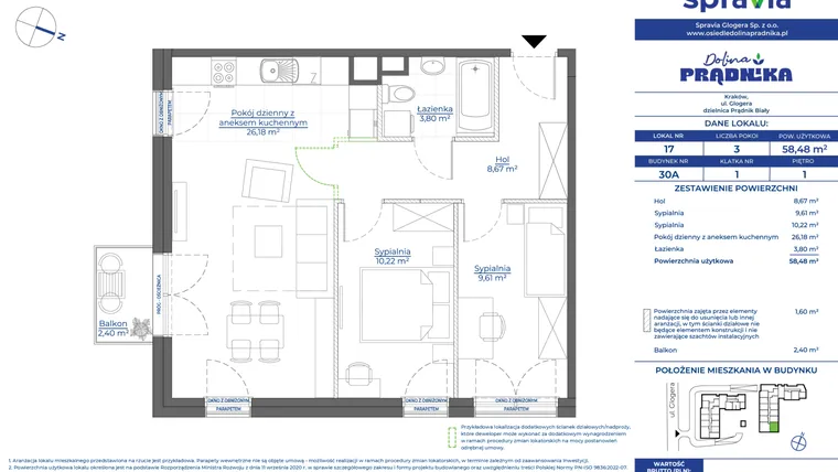 Rzut - Mieszkanie na sprzedaż 3 pokoje o powierzchni 58,48 m² - numer 30A.17 w Osiedle Dolina Prądnika