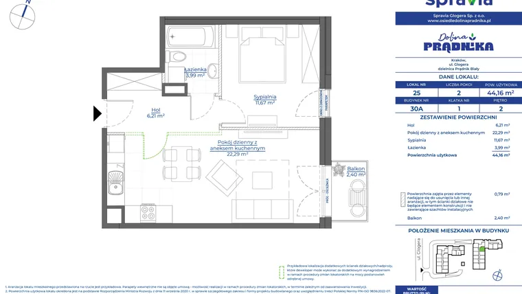 Rzut - Mieszkanie na sprzedaż 2 pokoje o powierzchni 44,16 m² - numer 30A.25 w Osiedle Dolina Prądnika