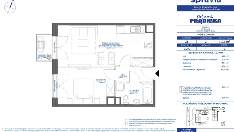 Rzut - Mieszkanie na sprzedaż 2 pokoje o powierzchni 41,35 m² - numer 30A.35 w Osiedle Dolina Prądnika