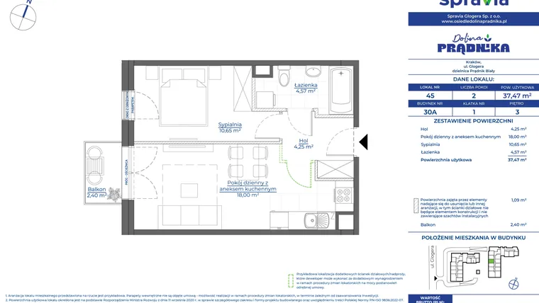 Rzut - Mieszkanie na sprzedaż 2 pokoje o powierzchni 37,47 m² - numer 30A.45 w Osiedle Dolina Prądnika