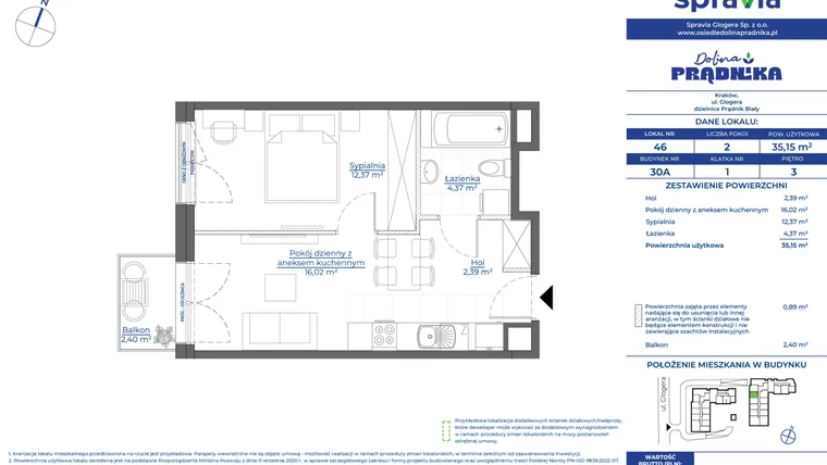 Rzut - Mieszkanie na sprzedaż 2 pokoje o powierzchni 35,15 m² - numer 30A.46 w Osiedle Dolina Prądnika