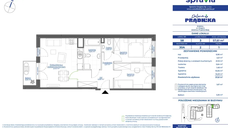 Rzut - Mieszkanie na sprzedaż 3 pokoje o powierzchni 58 m² - numer 30A.58 w Osiedle Dolina Prądnika