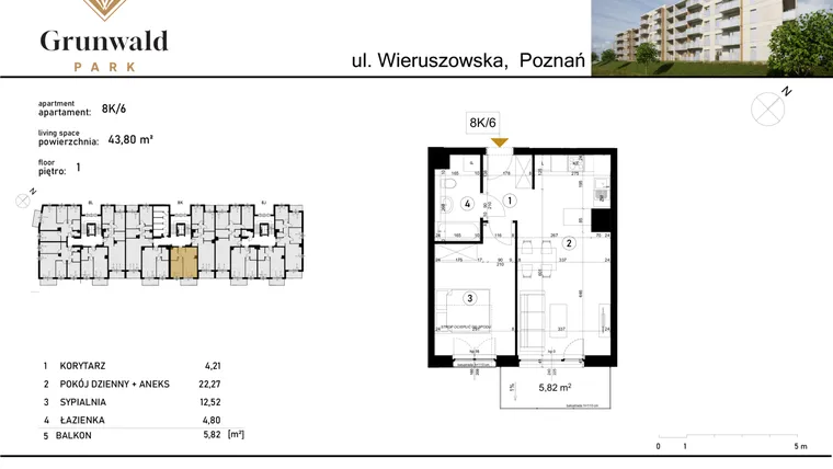 Rzut - Mieszkanie na sprzedaż 2 pokoje o powierzchni 43,8 m² - numer 8 K/6 w Grunwald Park