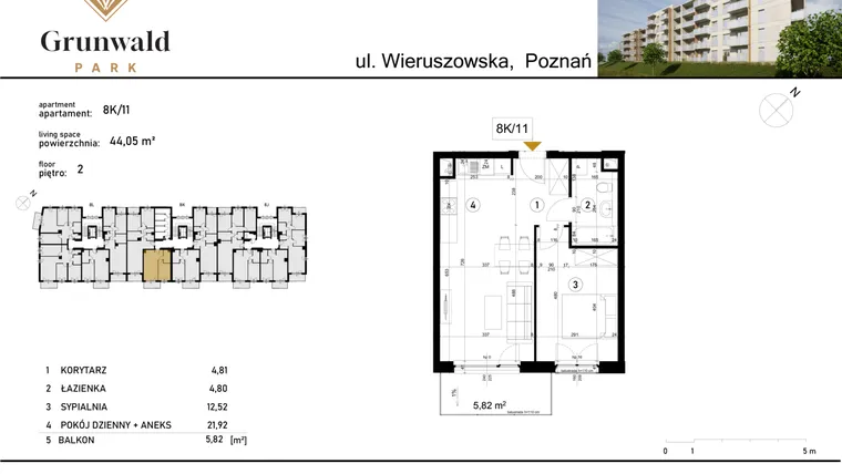 Rzut - Mieszkanie na sprzedaż 2 pokoje o powierzchni 44,05 m² - numer 8 K/11 w Grunwald Park