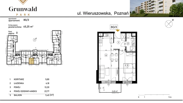 Rzut - Mieszkanie na sprzedaż 2 pokoje o powierzchni 45,25 m² - numer 8 G/3 w Grunwald Park