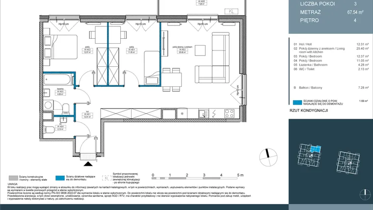 Rzut - Mieszkanie na sprzedaż 3 pokoje o powierzchni 67,5 m² - numer 43 w Nordic Górka Narodowa