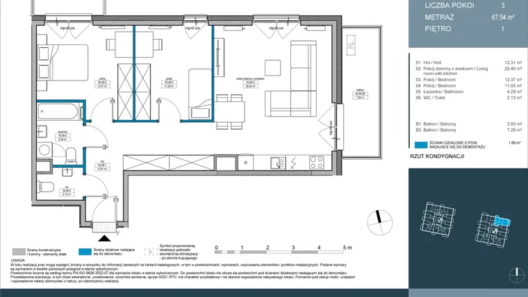 Rzut - Mieszkanie na sprzedaż 3 pokoje o powierzchni 67,5 m² - numer 65 w Nordic Górka Narodowa