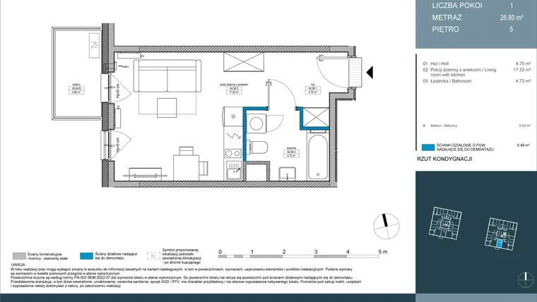 Rzut - Mieszkanie na sprzedaż 1 pokój o powierzchni 26,8 m² - numer 95 w Nordic Górka Narodowa