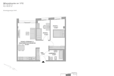 Rzut - Mieszkanie na sprzedaż 3 pokoje o powierzchni 54,57 m² - numer CP/R7/172 w Centralpark