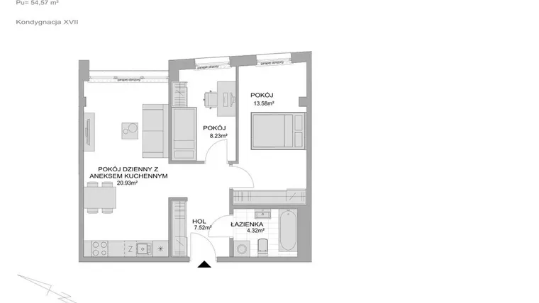 Rzut - Mieszkanie na sprzedaż 3 pokoje o powierzchni 54,57 m² - numer CP/R7/172 w Centralpark