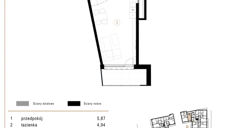 Rzut - Mieszkanie na sprzedaż 1 pokój o powierzchni 33,99 m² - numer B54 w Osiedle Józefowska
