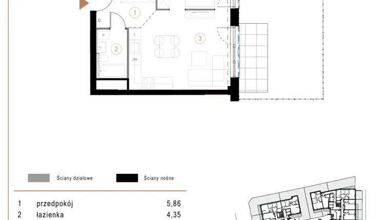 Rzut - Mieszkanie na sprzedaż 1 pokój o powierzchni 41,07 m² - numer D02 w Osiedle Józefowska