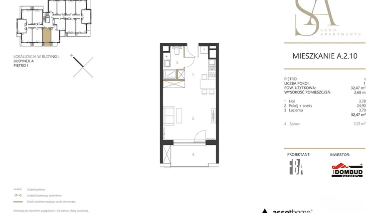 Rzut - Mieszkanie na sprzedaż 1 pokój o powierzchni 32,47 m² - numer A.2.10 w Sand Apartments