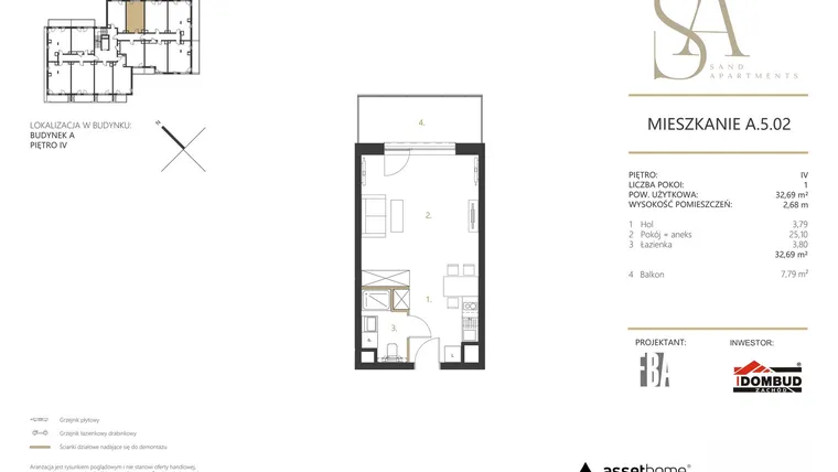 Rzut - Mieszkanie na sprzedaż 1 pokój o powierzchni 32,69 m² - numer A.5.02 w Sand Apartments