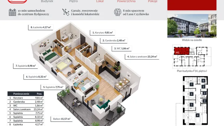 Rzut - Mieszkanie na sprzedaż 4 pokoje o powierzchni 66,61 m² - numer 1 w Tęczowy Zakątek F-14