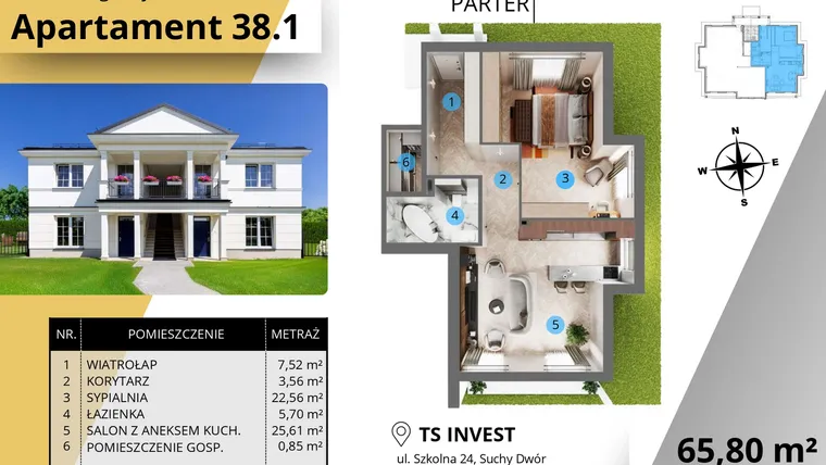 Rzut - Mieszkanie na sprzedaż 2 pokoje o powierzchni 65,57 m² - numer 38.1. w Ogrody Tesoro VI