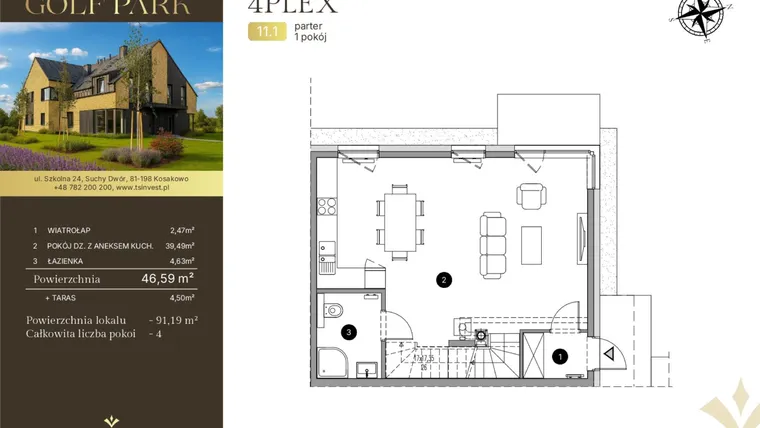 Rzut - Dom na sprzedaż 4 pokoje o powierzchni 91,53 m² - numer 11.1 w Tesoro Golf Park
