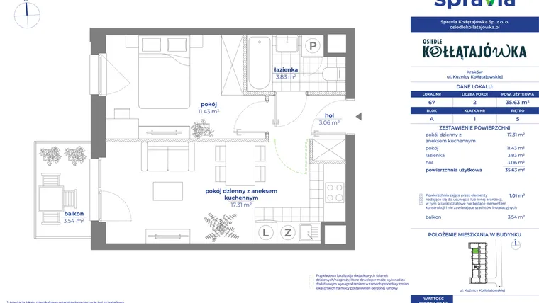 Rzut - Mieszkanie na sprzedaż 2 pokoje o powierzchni 35,63 m² - numer 67A w Osiedle Kołłątajówka