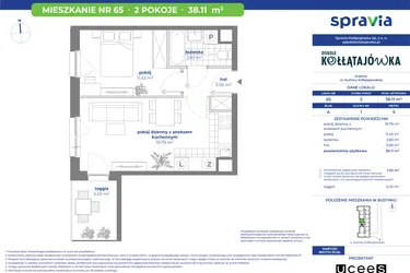 Rzut - Mieszkanie na sprzedaż 2 pokoje o powierzchni 38,11 m² - numer 65A w Osiedle Kołłątajówka