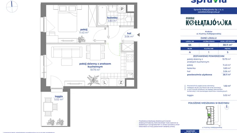 Rzut - Mieszkanie na sprzedaż 2 pokoje o powierzchni 38,11 m² - numer 65A w Osiedle Kołłątajówka