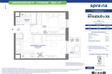 Rzut - Mieszkanie na sprzedaż 2 pokoje o powierzchni 38,11 m² - numer 71A w Osiedle Kołłątajówka
