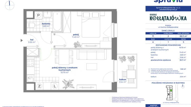 Rzut - Mieszkanie na sprzedaż 2 pokoje o powierzchni 38,11 m² - numer 71A w Osiedle Kołłątajówka