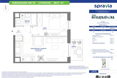 Rzut - Mieszkanie na sprzedaż 2 pokoje o powierzchni 38,11 m² - numer 72A w Osiedle Kołłątajówka