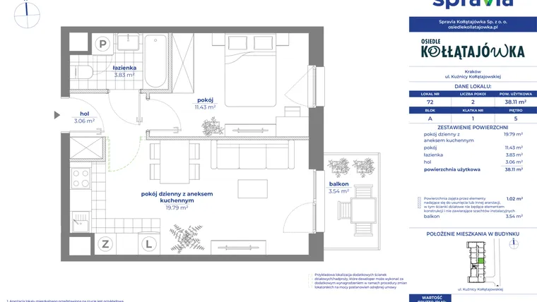 Rzut - Mieszkanie na sprzedaż 2 pokoje o powierzchni 38,11 m² - numer 72A w Osiedle Kołłątajówka