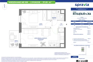 Rzut - Mieszkanie na sprzedaż 2 pokoje o powierzchni 37,55 m² - numer 109B w Osiedle Kołłątajówka