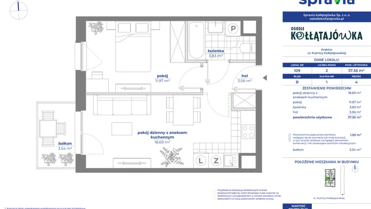 Rzut - Mieszkanie na sprzedaż 2 pokoje o powierzchni 37,55 m² - numer 109B w Osiedle Kołłątajówka