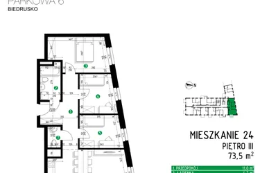 Rzut - Mieszkanie na sprzedaż 4 pokoje o powierzchni 73,5 m² - numer 6B.24 w Parkowa 6B - ETAP II