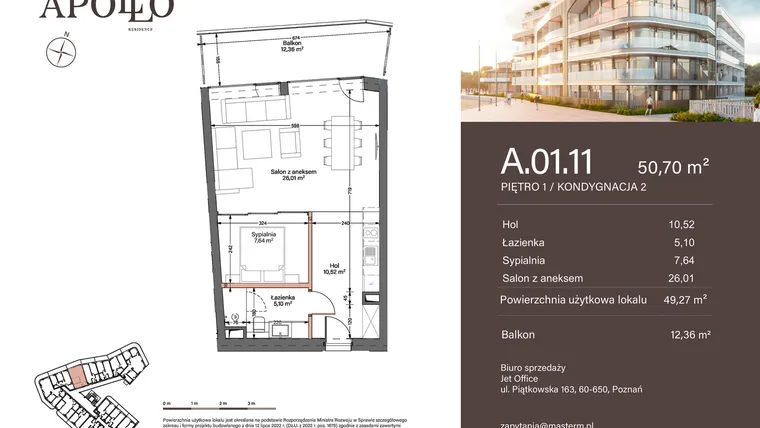 Rzut - Mieszkanie na sprzedaż 2 pokoje o powierzchni 49,27 m² - numer A.1.11 w Apollo Residence