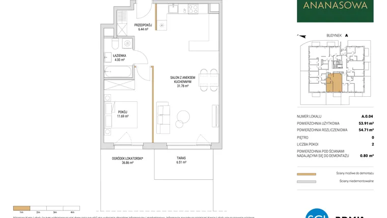 Rzut - Mieszkanie na sprzedaż 2 pokoje o powierzchni 54,71 m² - numer A.0.04 w Ananasowa