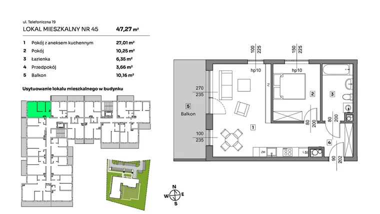 Rzut - Mieszkanie na sprzedaż 2 pokoje o powierzchni 47,27 m² - numer 45 w Nova Radiostacja