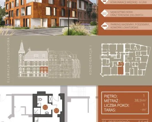 Rzut - Mieszkanie na sprzedaż 1 pokój o powierzchni 39,04 m² - numer A.1.2 w Browar Jedności