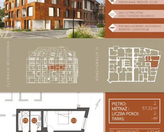 Rzut - Mieszkanie na sprzedaż 2 pokoje o powierzchni 57,31 m² - numer B.2.2 w Browar Jedności