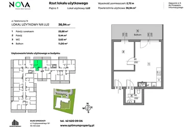 Rzut - Mieszkanie na sprzedaż 2 pokoje o powierzchni 36,94 m² - numer L.U. 2 w Nova Radiostacja - apartamenty inwestycyjne