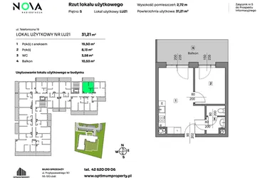 Rzut - Mieszkanie na sprzedaż 2 pokoje o powierzchni 31,21 m² - numer L.U. 21 w Nova Radiostacja - apartamenty inwestycyjne