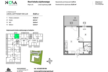Rzut - Mieszkanie na sprzedaż 2 pokoje o powierzchni 31,01 m² - numer L.U. 9 w Nova Radiostacja - apartamenty inwestycyjne