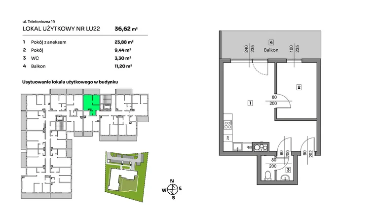 Rzut - Mieszkanie na sprzedaż 2 pokoje o powierzchni 36,62 m² - numer L.U. 22 w Nova Radiostacja - apartamenty inwestycyjne