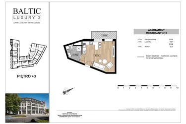 Rzut - Mieszkanie na sprzedaż 1 pokój o powierzchni 31,56 m² - numer 3.11 w Baltic Luxury 2