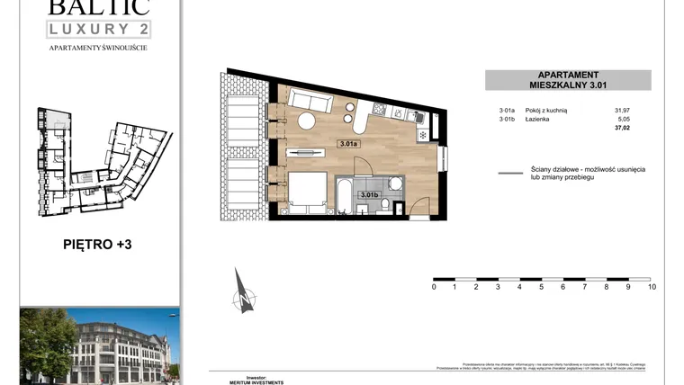 Rzut - Mieszkanie na sprzedaż 1 pokój o powierzchni 37,02 m² - numer 3.01 w Baltic Luxury 2